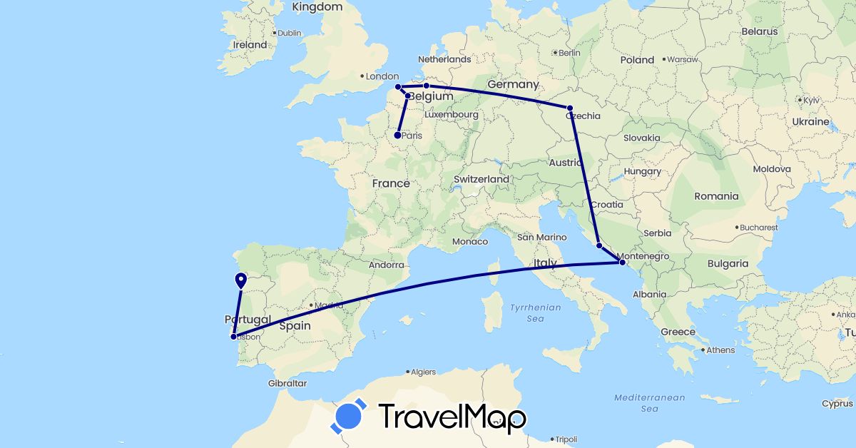 TravelMap itinerary: driving in Belgium, Czech Republic, France, Croatia, Portugal (Europe)
